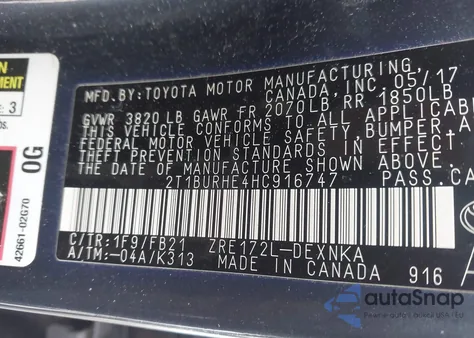 2017 Toyota Corolla Le из США, поврежденный, VIN 2T1BURHE4HC916747